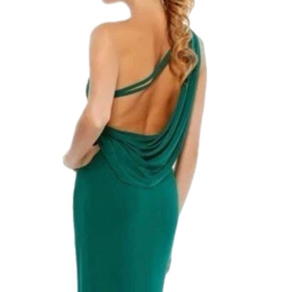 NWT Ieena for Mac Duggal One Shoulder Draped Back Gown in emerald green (Style # - Picture 4 of 14